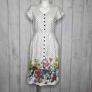 Vintage 80s Tina Barrie Floral Polka Dot Midi Dress Cotton Garden Tea Party - S